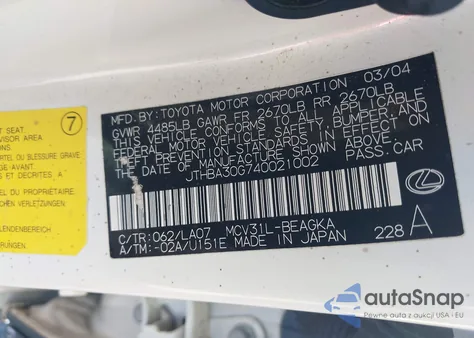 2004 Lexus Es 330 from USA, damaged, VIN JTHBA30G740021002